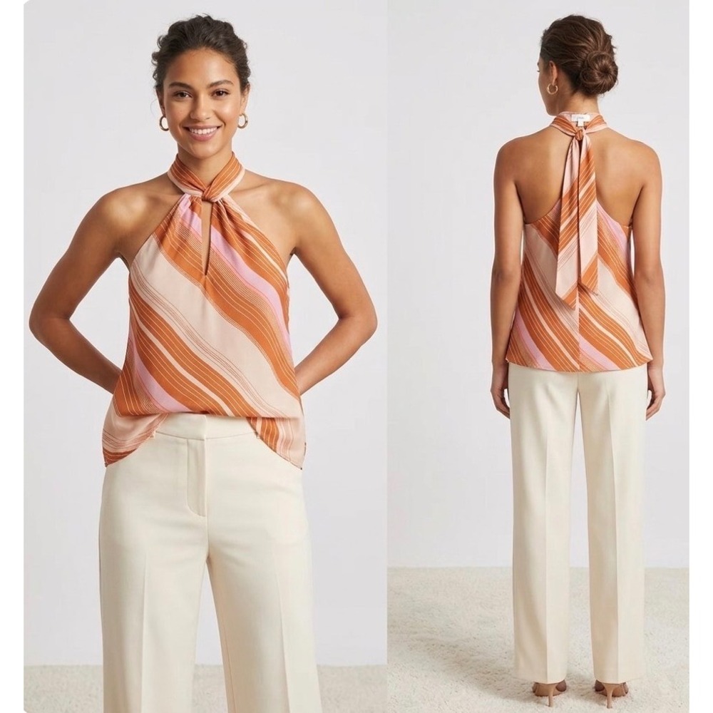 Joie Silk Halter Top Striped Keyhole Neck Sleeveless Blouse Orange Pink Small